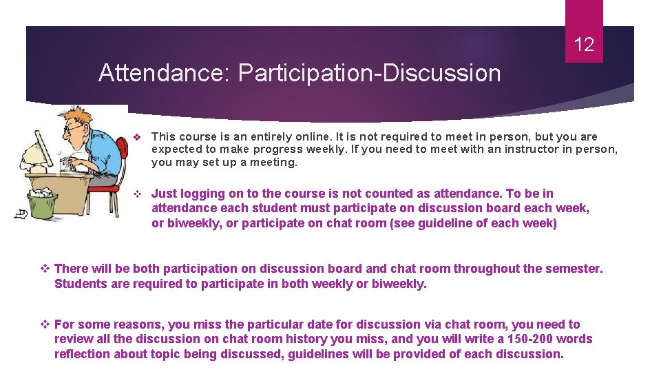12 Attendance: Participation-Discussion v This course is an entirely online. It is not required 12 Attendance: Participation-Discussion v This course is an entirely online. It is not required