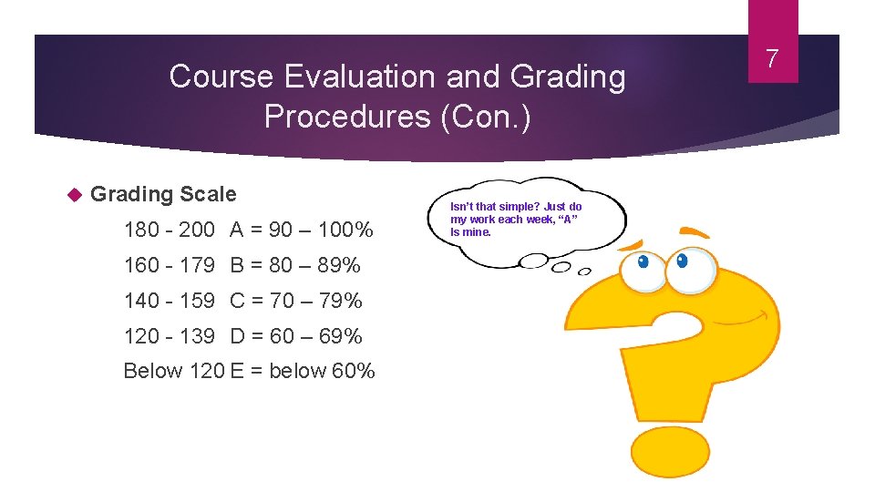 Course Evaluation and Grading Procedures (Con. ) Grading Scale 180 - 200 A = Course Evaluation and Grading Procedures (Con. ) Grading Scale 180 - 200 A =