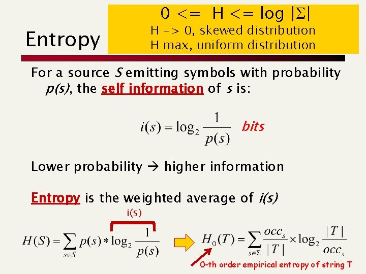 0 <= H <= log |S| H -> 0, skewed distribution H max, uniform