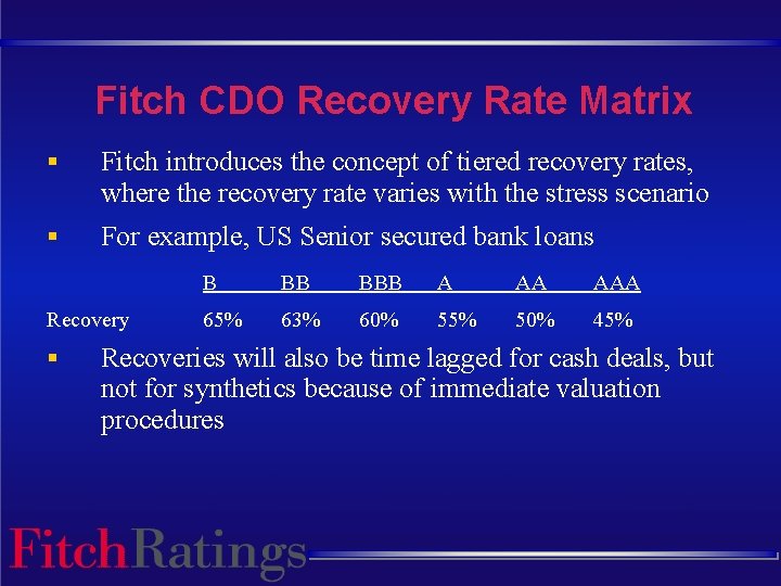 Fitch CDO Recovery Rate Matrix § Fitch introduces the concept of tiered recovery rates,