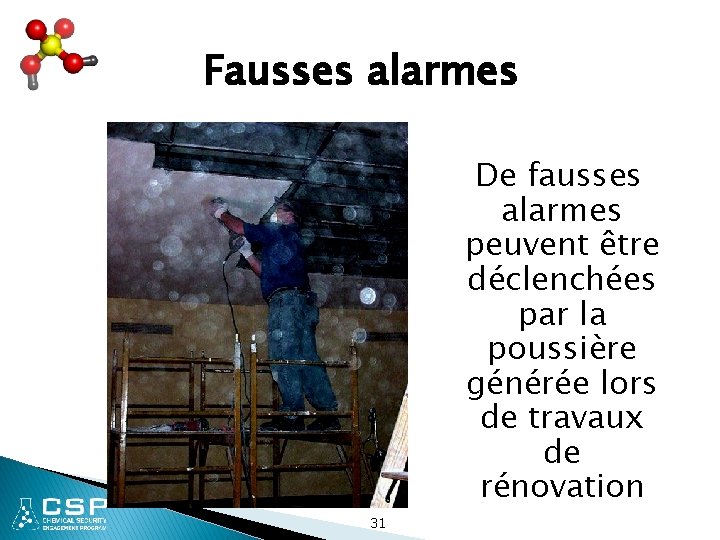 Fausses alarmes De fausses alarmes peuvent être déclenchées par la poussière générée lors de