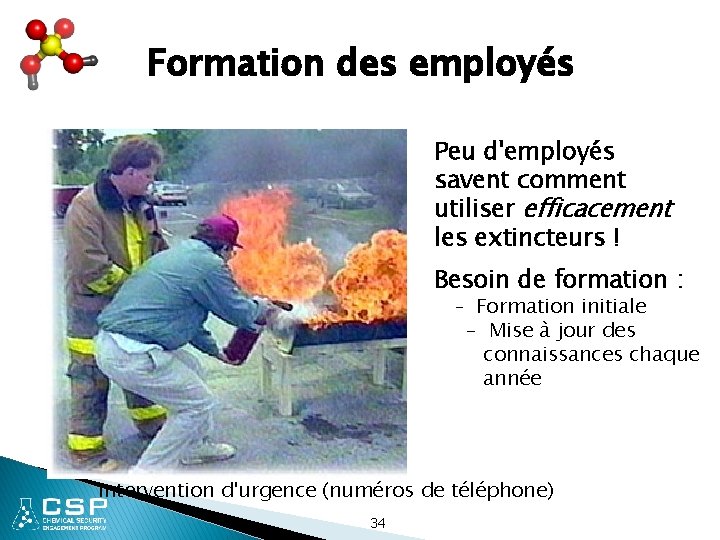 Formation des employés Peu d'employés savent comment utiliser efficacement les extincteurs ! Besoin de