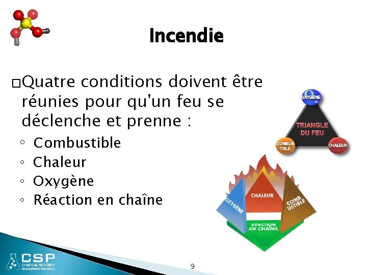 Incendie �Quatre conditions doivent être réunies pour qu'un feu se déclenche et prenne :