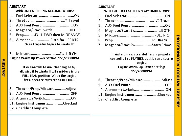 1. 2. 3. 4. 5. 6. With UNFEATHERING ACCUMULATORS: Fuel Selector……………. ……. . ON