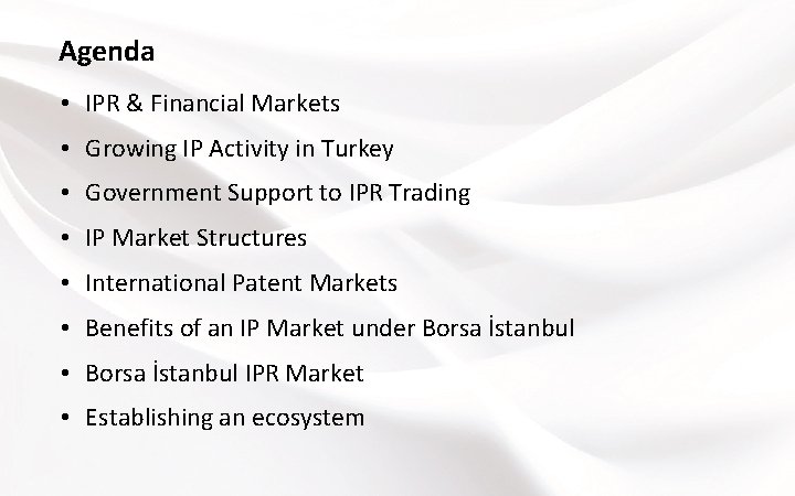 Agenda • IPR & Financial Markets • Growing IP Activity in Turkey • Government