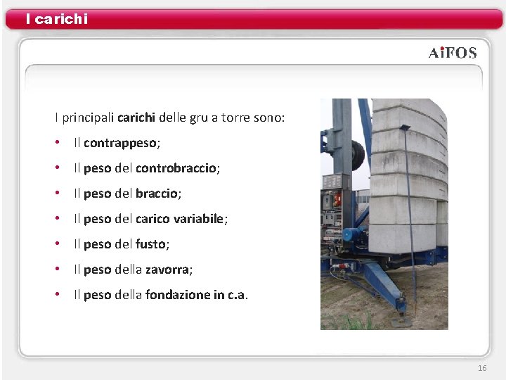 I carichi I principali carichi delle gru a torre sono: • Il contrappeso; •