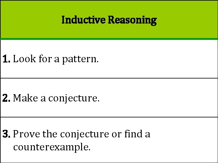 Inductive Reasoning 1. Look for a pattern. 2. Make a conjecture. 3. Prove the
