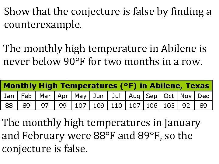 Show that the conjecture is false by finding a counterexample. The monthly high temperature