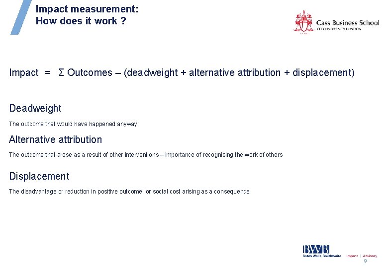 Impact measurement: How does it work ? Impact = Σ Outcomes – (deadweight +