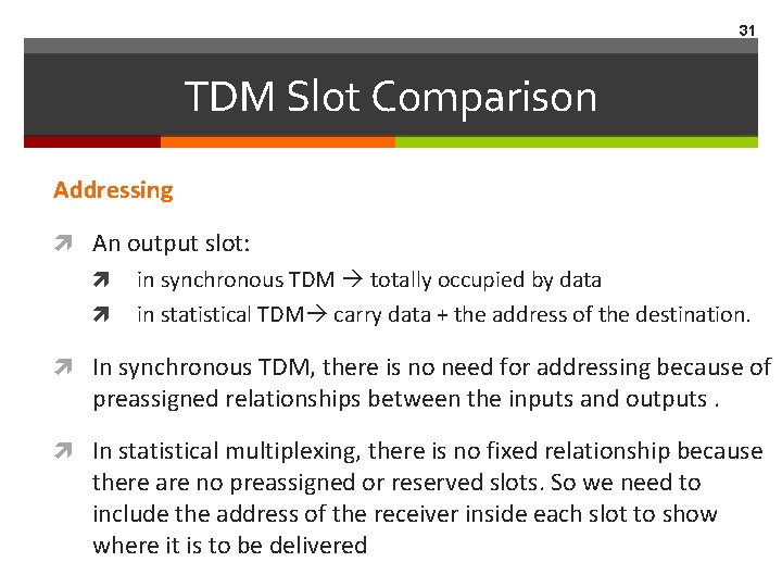 31 TDM Slot Comparison Addressing An output slot: in synchronous TDM totally occupied by 31 TDM Slot Comparison Addressing An output slot: in synchronous TDM totally occupied by