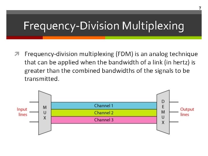 7 Frequency-Division Multiplexing Frequency-division multiplexing (FDM) is an analog technique that can be applied