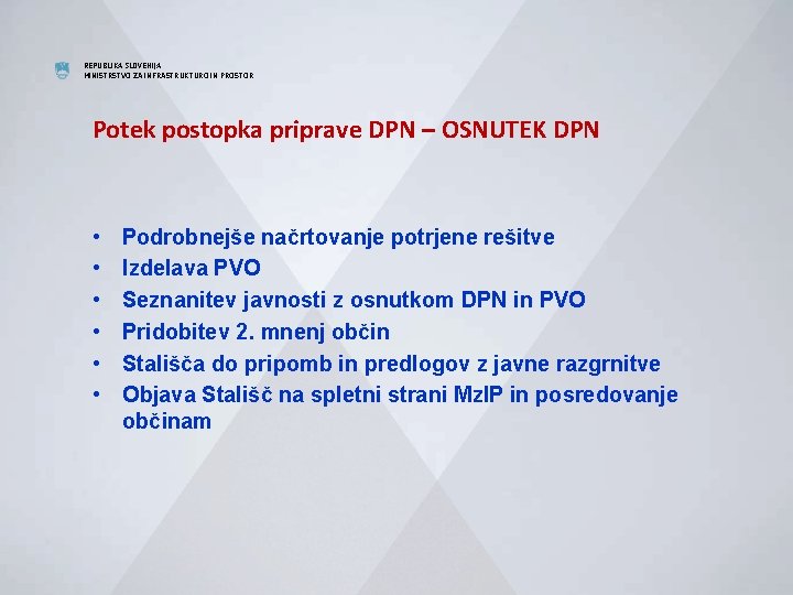 REPUBLIKA SLOVENIJA MINISTRSTVO ZA INFRASTRUKTURO IN PROSTOR Potek postopka priprave DPN – OSNUTEK DPN