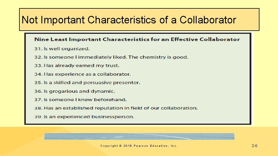 Not Important Characteristics of a Collaborator Copyright © 2016 Pearson Education, Inc. 2 -6