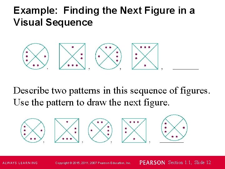 Example: Finding the Next Figure in a Visual Sequence Describe two patterns in this