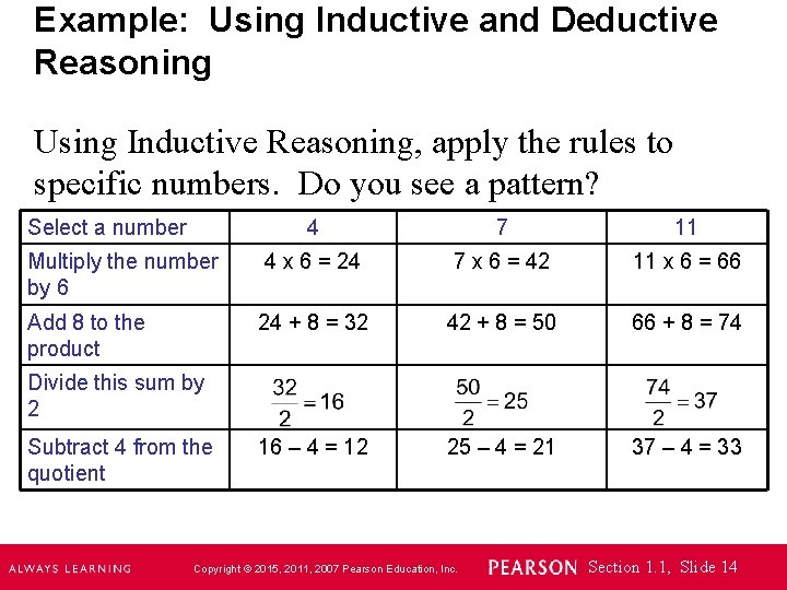 Example: Using Inductive and Deductive Reasoning Using Inductive Reasoning, apply the rules to specific