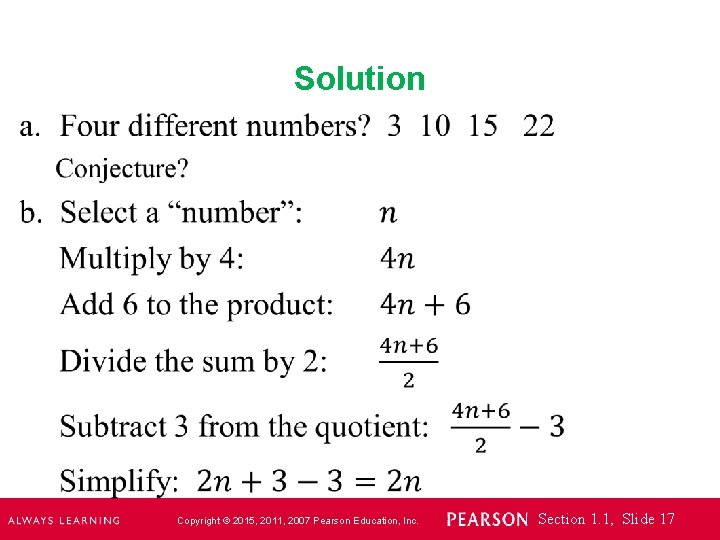 Solution Copyright © 2015, 2011, 2007 Pearson Education, Inc. Section 1. 1, Slide 17