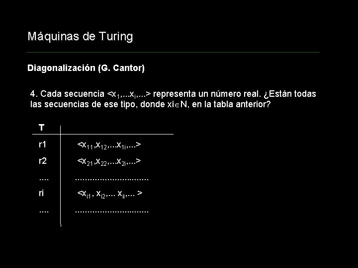 Máquinas de Turing Diagonalización (G. Cantor) 4. Cada secuencia <x 1, . . .
