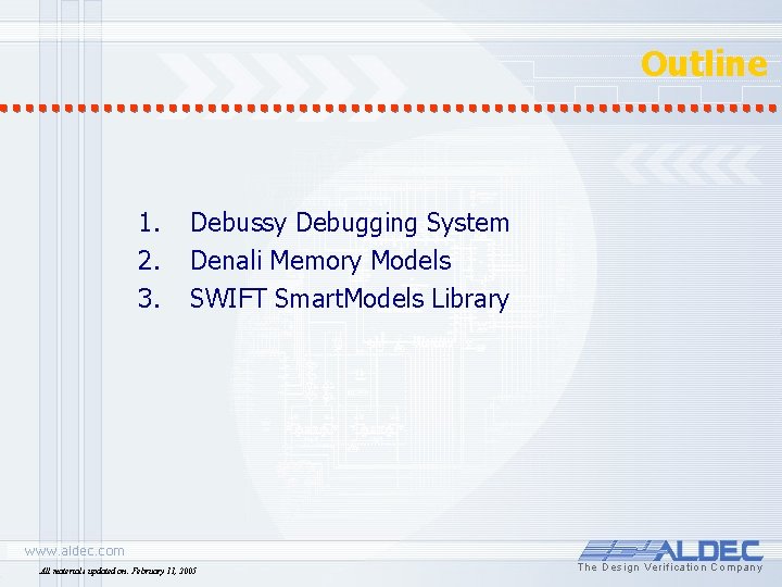 Outline 1. 2. 3. Debussy Debugging System Denali Memory Models SWIFT Smart. Models Library