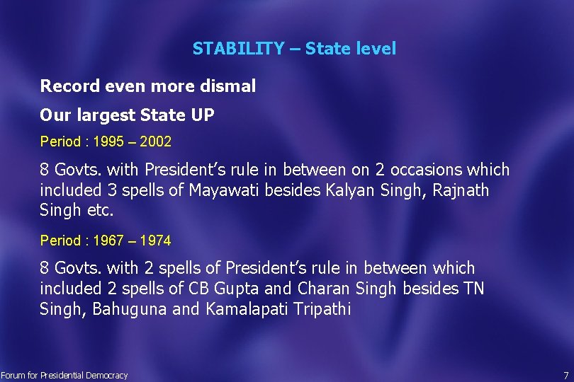  STABILITY – State level Record even more dismal Our largest State UP Period