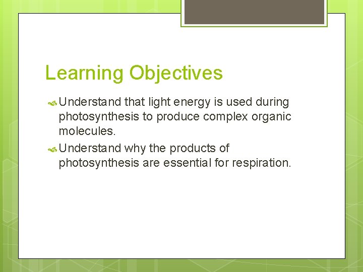 Learning Objectives Understand that light energy is used during photosynthesis to produce complex organic