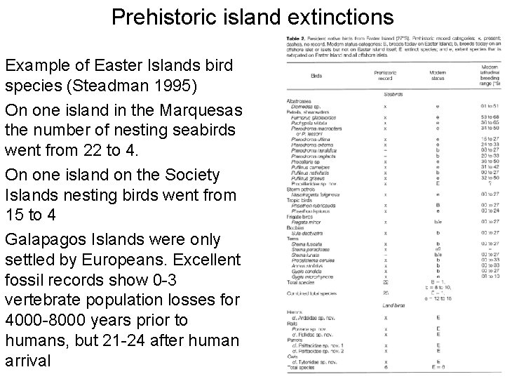 Prehistoric island extinctions Example of Easter Islands bird species (Steadman 1995) On one island