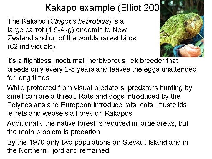 Kakapo example (Elliot 2001) The Kakapo (Strigops habrotilus) is a large parrot (1. 5