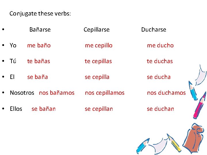  Conjugate these verbs: • Bañarse Cepillarse Ducharse • Yo me baño me cepillo