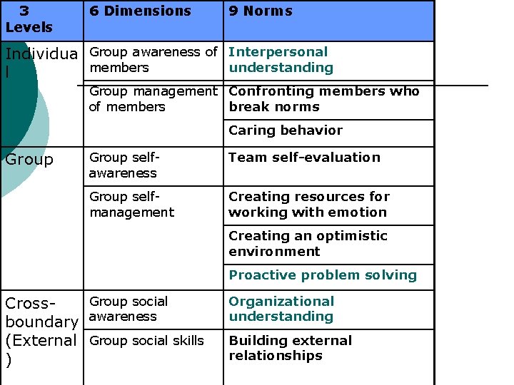 3 Levels 6 Dimensions 9 Norms Individua Group awareness of Interpersonal members understanding l
