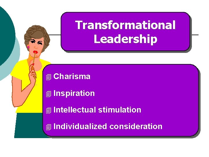 Transformational Leadership 4 Charisma 4 Inspiration 4 Intellectual stimulation 4 Individualized consideration 