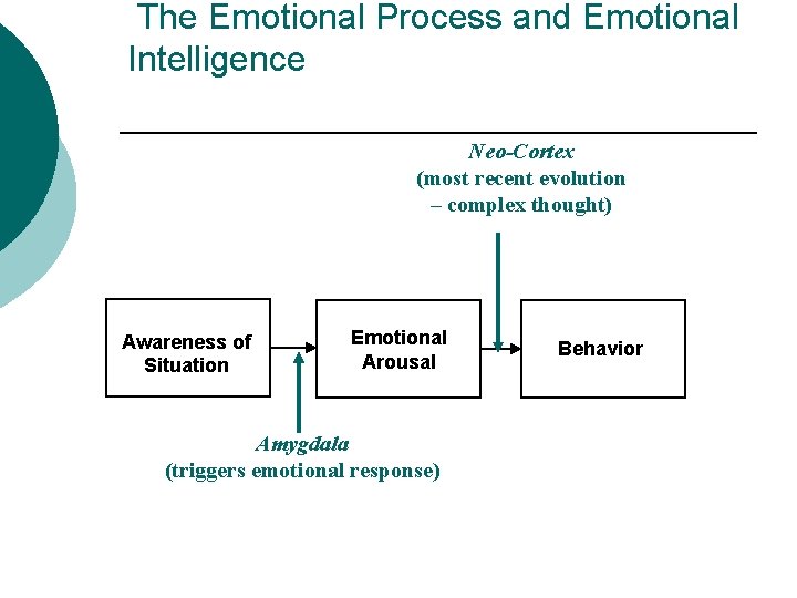 The Emotional Process and Emotional Intelligence Neo-Cortex (most recent evolution – complex thought) Awareness