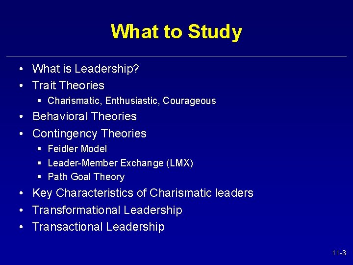 What to Study • What is Leadership? • Trait Theories § Charismatic, Enthusiastic, Courageous