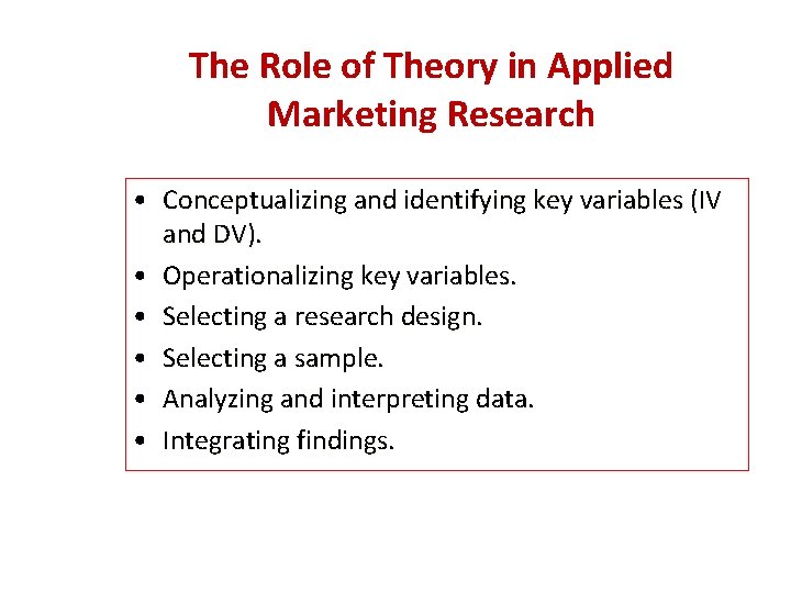 The Role of Theory in Applied Marketing Research • Conceptualizing and identifying key variables The Role of Theory in Applied Marketing Research • Conceptualizing and identifying key variables