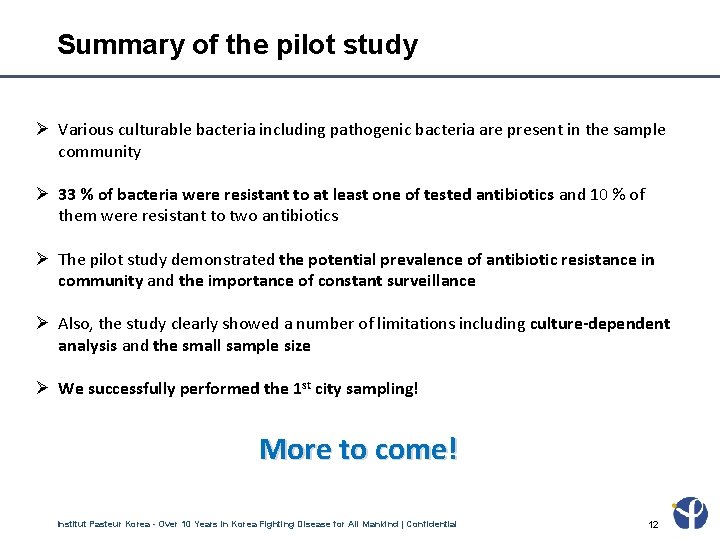 Summary of the pilot study Ø Various culturable bacteria including pathogenic bacteria are present