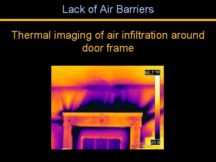 Lack of Air Barriers Thermal imaging of air infiltration around door frame 