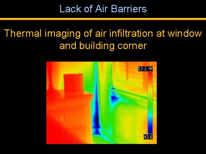 Lack of Air Barriers Thermal imaging of air infiltration at window and building corner