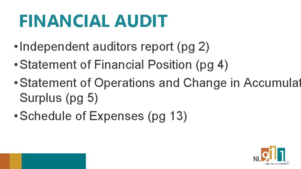 FINANCIAL AUDIT • Independent auditors report (pg 2) • Statement of Financial Position (pg