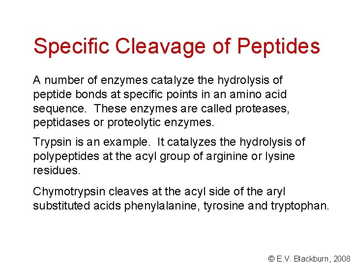 Specific Cleavage of Peptides A number of enzymes catalyze the hydrolysis of peptide bonds
