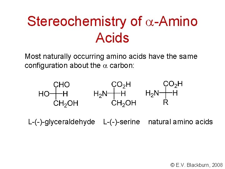Stereochemistry of -Amino Acids Most naturally occurring amino acids have the same configuration about