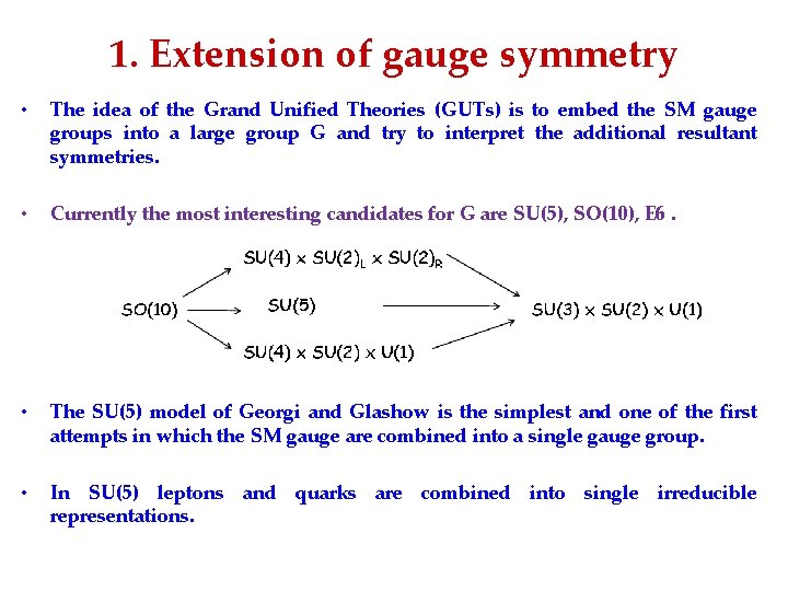 1. Extension of gauge symmetry • The idea of the Grand Unified Theories (GUTs)