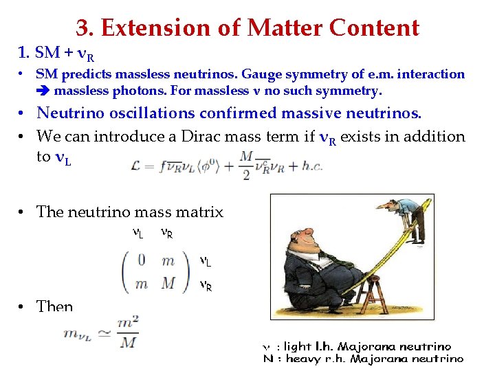 3. Extension of Matter Content 1. SM + νR • SM predicts massless neutrinos.