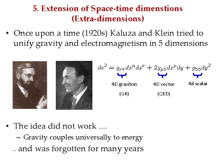 5. Extension of Space-time dimenstions (Extra-dimensions) • Once upon a time (1920 s) Kaluza