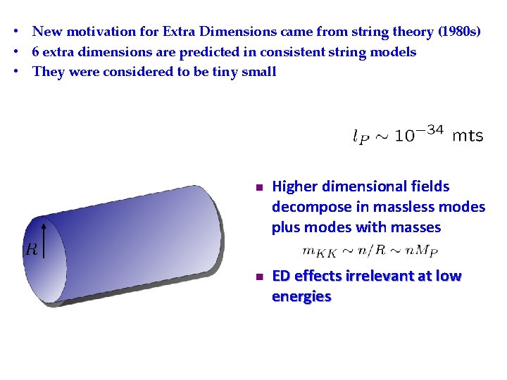  • New motivation for Extra Dimensions came from string theory (1980 s) •