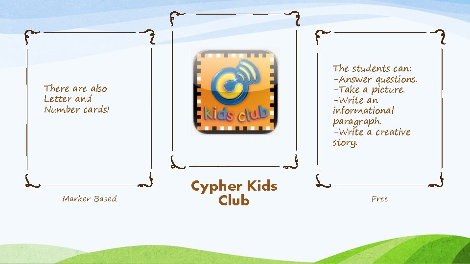 The students can: -Answer questions. -Take a picture. -Write an informational paragraph. -Write a