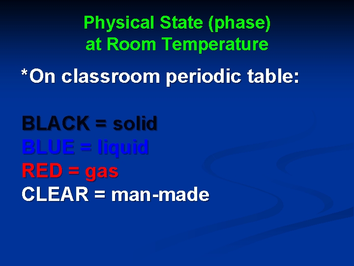 Physical State (phase) at Room Temperature *On classroom periodic table: BLACK = solid BLUE Physical State (phase) at Room Temperature *On classroom periodic table: BLACK = solid BLUE