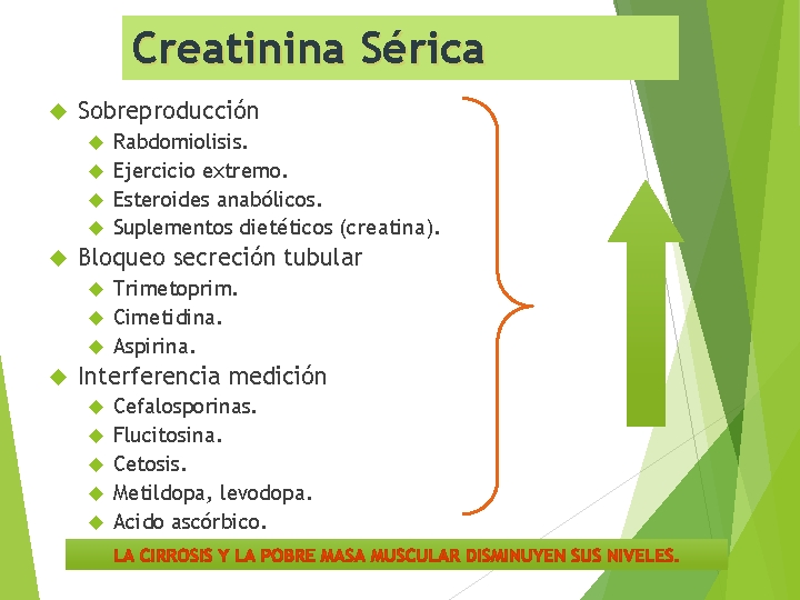 Creatinina Sérica Sobreproducción Rabdomiolisis. Ejercicio extremo. Esteroides anabólicos. Suplementos dietéticos (creatina). Bloqueo secreción tubular