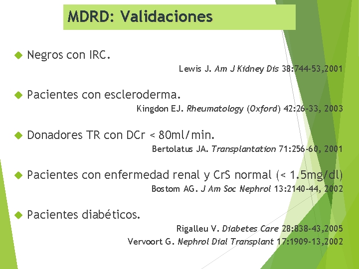 MDRD: Validaciones Negros con IRC. Lewis J. Am J Kidney Dis 38: 744 -53,