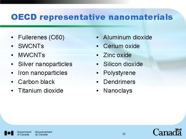 OECD representative nanomaterials • • Fullerenes (C 60) SWCNTs MWCNTs Silver nanoparticles Iron nanoparticles