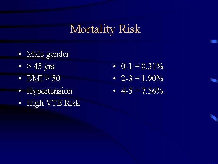 Mortality Risk • • • Male gender > 45 yrs BMI > 50 Hypertension