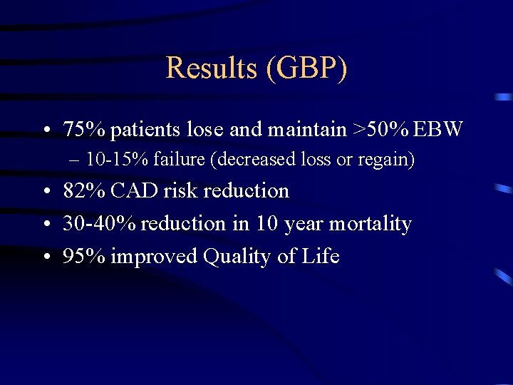 Results (GBP) • 75% patients lose and maintain >50% EBW – 10 -15% failure