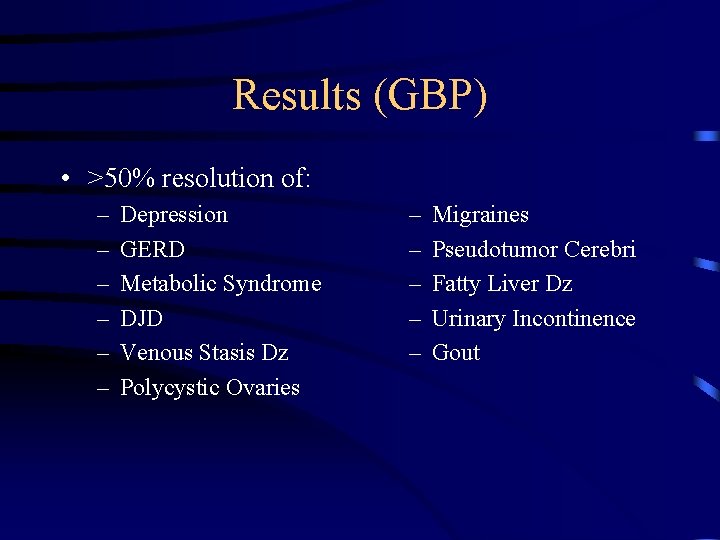 Results (GBP) • >50% resolution of: – – – Depression GERD Metabolic Syndrome DJD